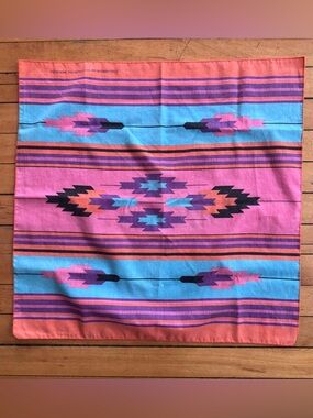 Vtg Vintage 80s Aztec Southwest Bandana Scarf pink blue orange multicolor square